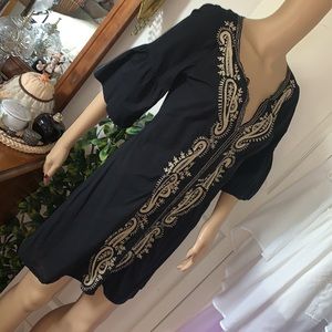 Black & Gold embroidered bell sleeve Ethnic tunic shirt mini dress top S